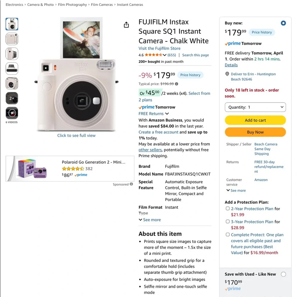 Fuji-film Instax Square SQ 1 Polaroid Camara, Orange. - Picture 5 of 5